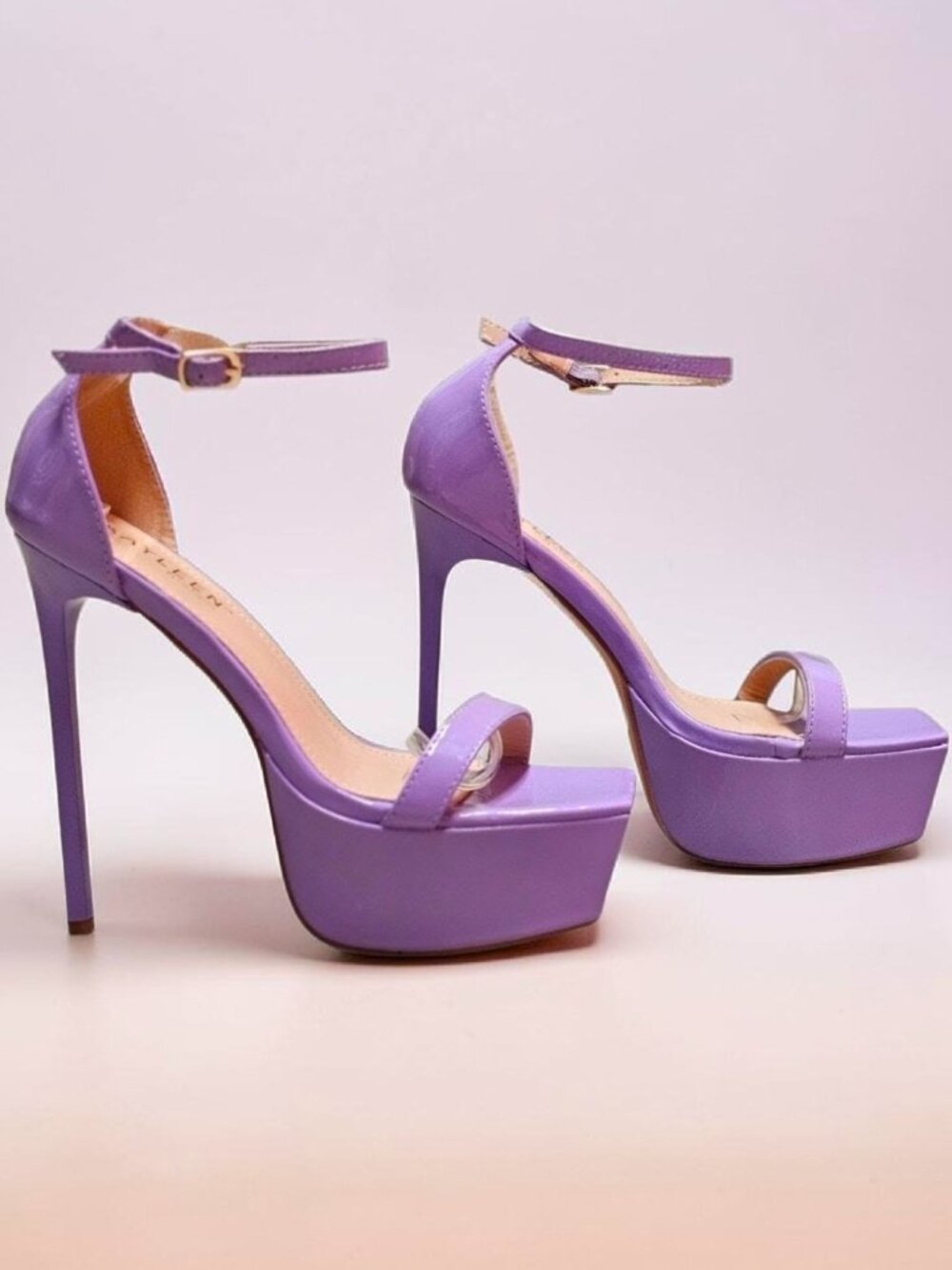 Lilac Platform Stiletto Heels With Ankle Strap Patent Finish